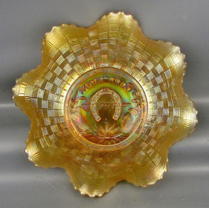 CARNIVAL GLASS - ANTIQUE NORTHWOOD GOOD LUCK Pastel Marigold Ruffled Bowl 3061