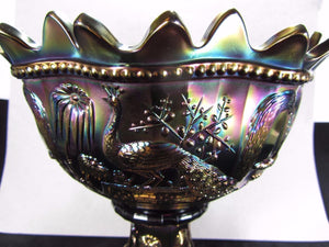 Antique Northwood Carnival Glass Black Amethyst "Peacock & Fountain" Punch Bowl