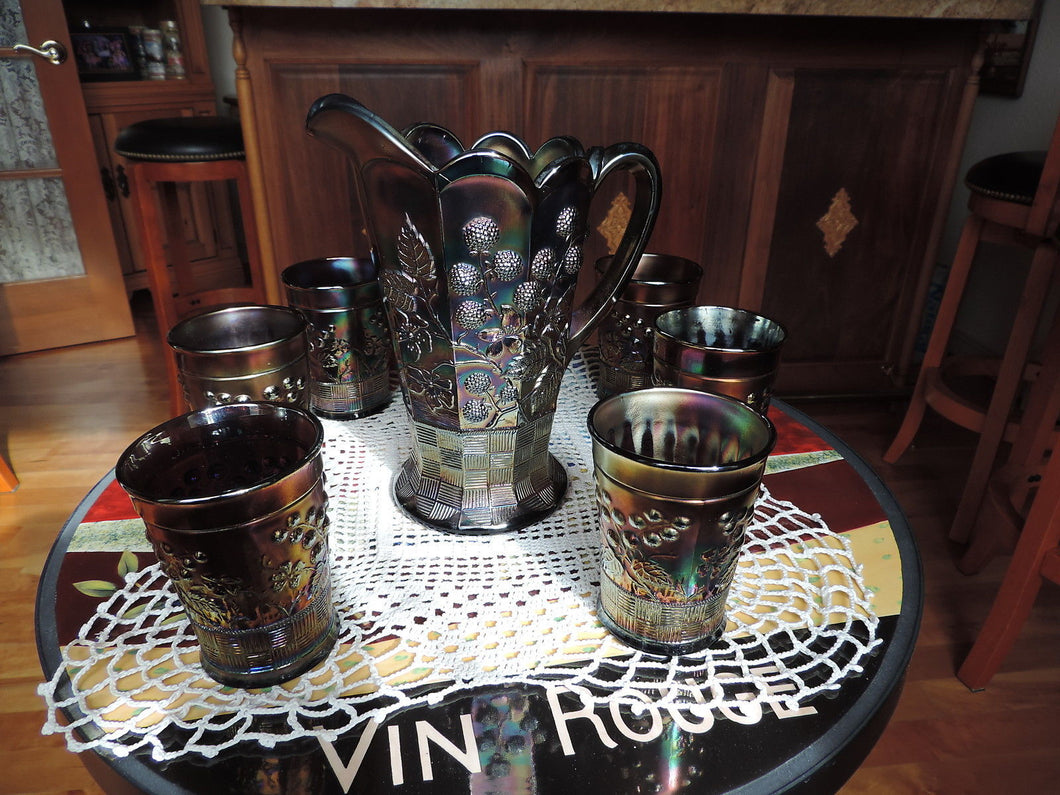 NORTHWOOD CARNIVAL GLASS AMETHYST RASPBERRY PATTERN PITCHER AND (6) TUMBLERS SET