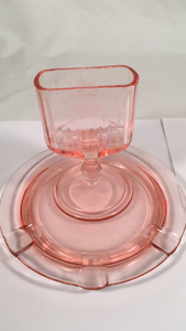 RARE Antique Collectible Pink Depression Glass Floral Etched Ashtray w/ Plate