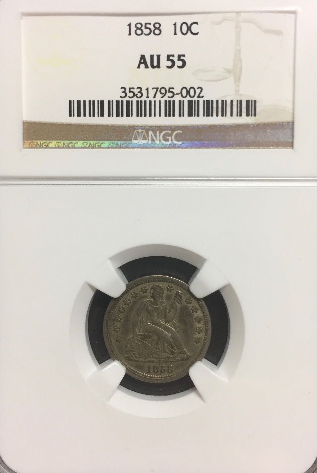 1858 Seated Liberty Dime AU-55 NGC Certified