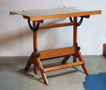 11940's antique HAMILTON solid oak DRAFTING TABLE very clean GLASS TOP cast iron