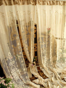 72" ONE Vtg Victorian Style Lace Curtain Panel Burlap Ruffle-ANTIQUE ROSE FRENCH