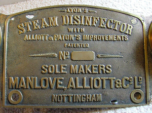 Large Brass Industrial Nameplate With 2 Gauges Machine Age Steampunk MAGNIFICENT LYONS STEAM DISINFECTOR 1880 HOSPITAL ASYLUM WORKHOUSE