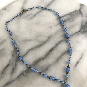 Antique Czech Periwinkle Blue Glass & Enamel Necklace with Moonglow Cabochon