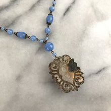 Antique Czech Periwinkle Blue Glass & Enamel Necklace with Moonglow Cabochon