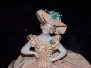 RARE EXQUISITE Antique Porcelain HALF DOLL German Peach Silk Dress Cushion MINT