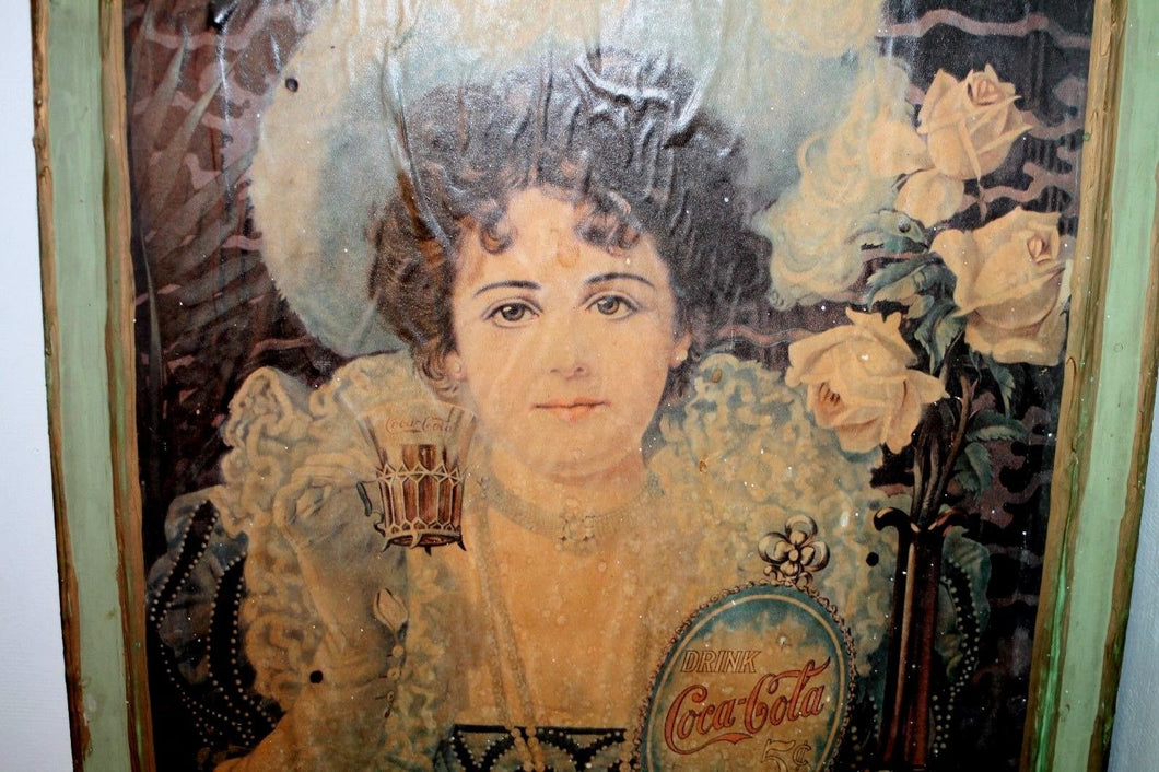 RARE* OVER 3 FEET TALL, ANTIQUE 1897 COCA COLA PAPER POSTER AD IN PLASTER FRAME